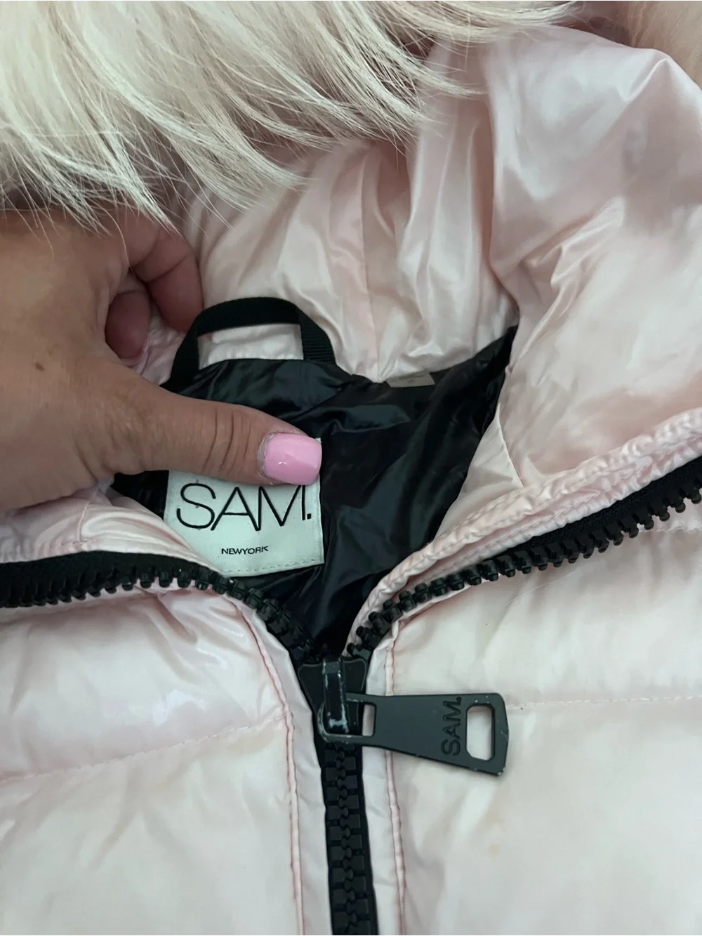 SAM. Light Pink Shiny Puffer Jacket with Faux Fur Trim